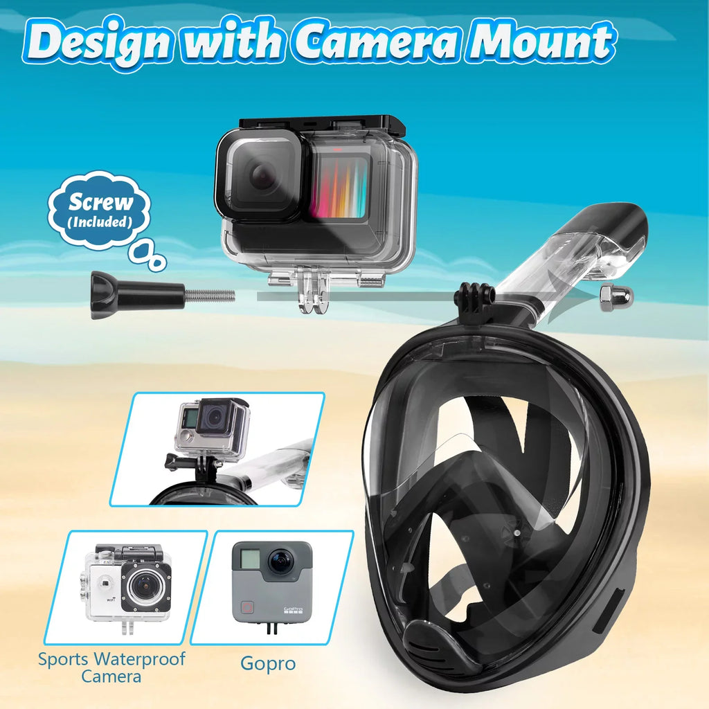 Full Face Snorkel Mask, Snorkeling Mask with Detachable Camera Mount, Panoramic View Upgraded Dive Mask with Safety Breathing System, Dry Top Set L/XL