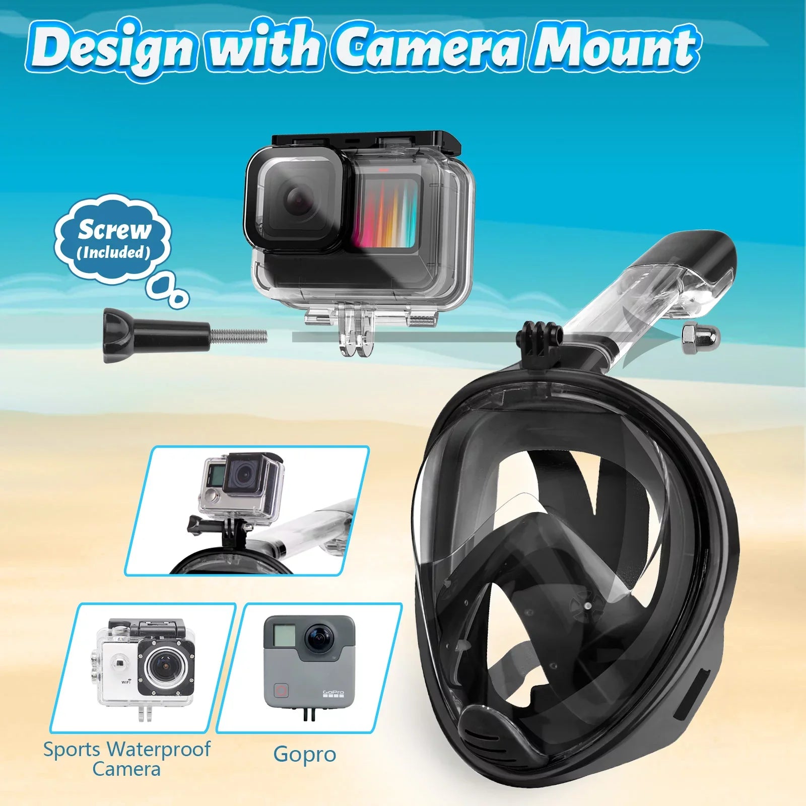 Full Face Snorkel Mask, Snorkeling Mask with Detachable Camera Mount, Panoramic View Upgraded Dive Mask with Safety Breathing System, Dry Top Set L/XL