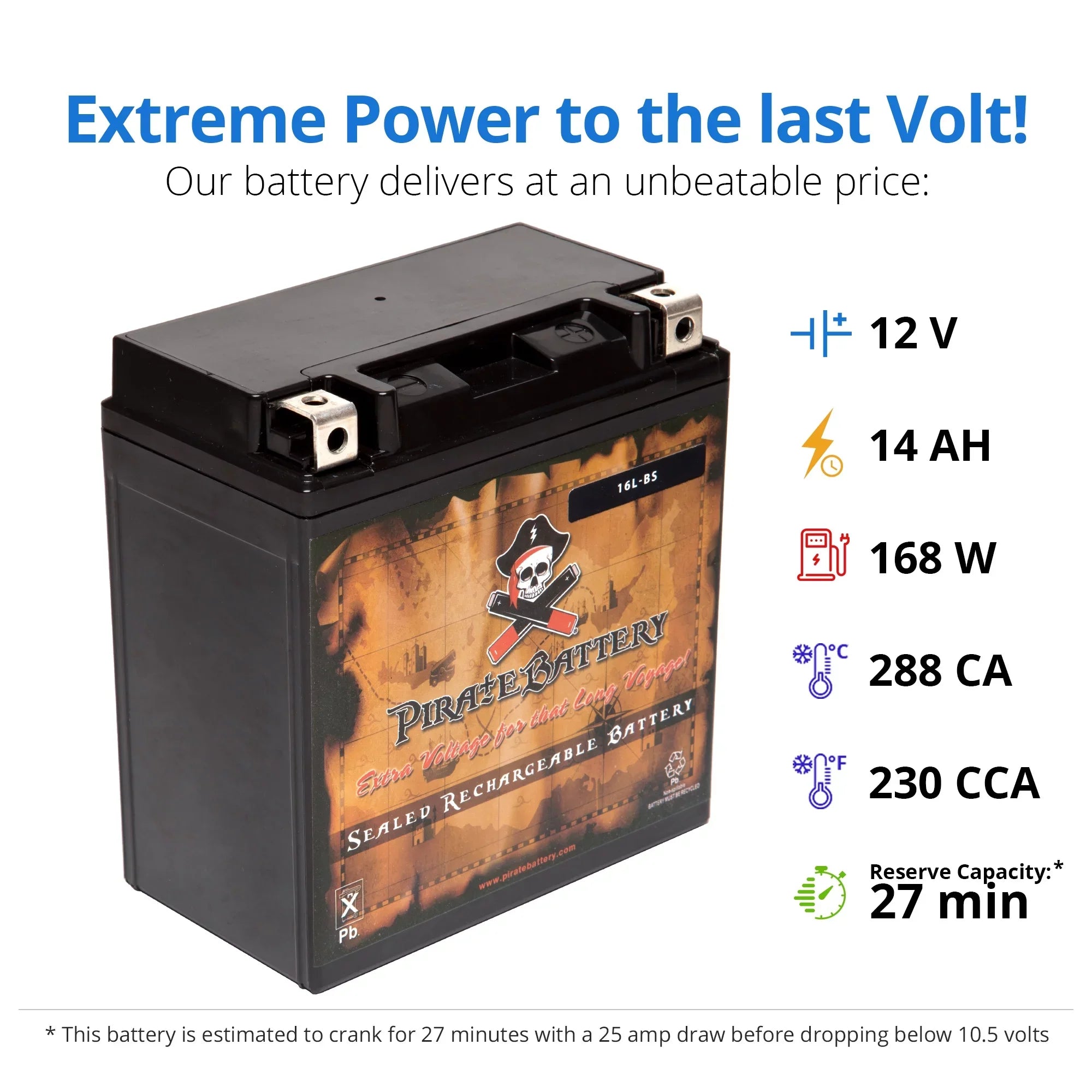 Pirate Battery YTX16L-BS (16L-BS 12 Volt,14 Ah, 230 CCA) Jet Ski Battery for Kawasaki 650cc Jf650 X2 1987