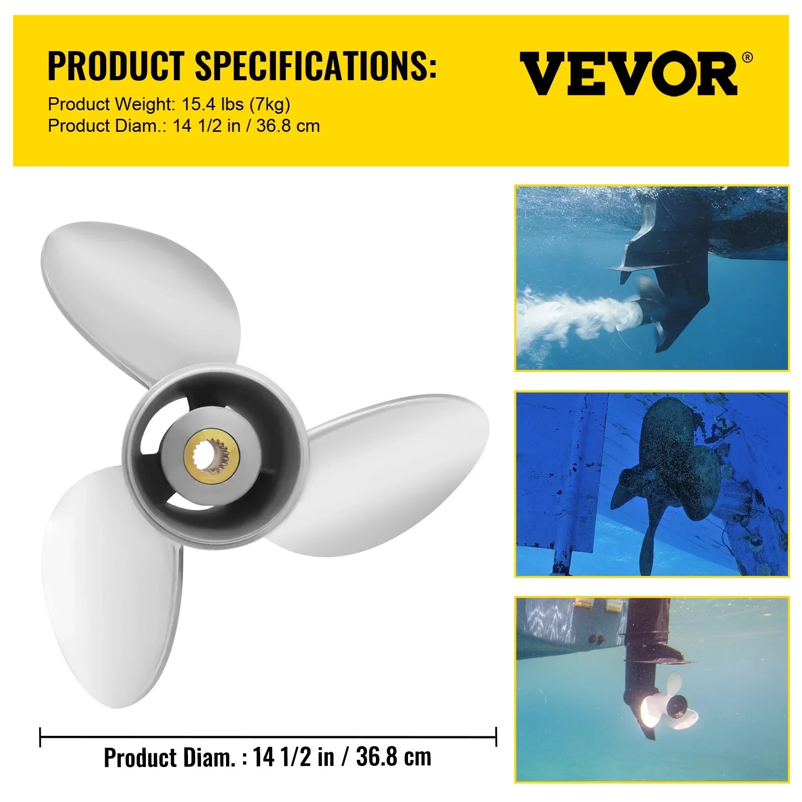 VEVOR Outboard Propeller, 3-Blade 14.5" x 21" Ship Propeller, Replace for OEM 3860709, Suitable with SX Sterndrives Outboard Volvo Penta Engine, Right-handed Steel Propeller Steel & 19 Spline Teeth