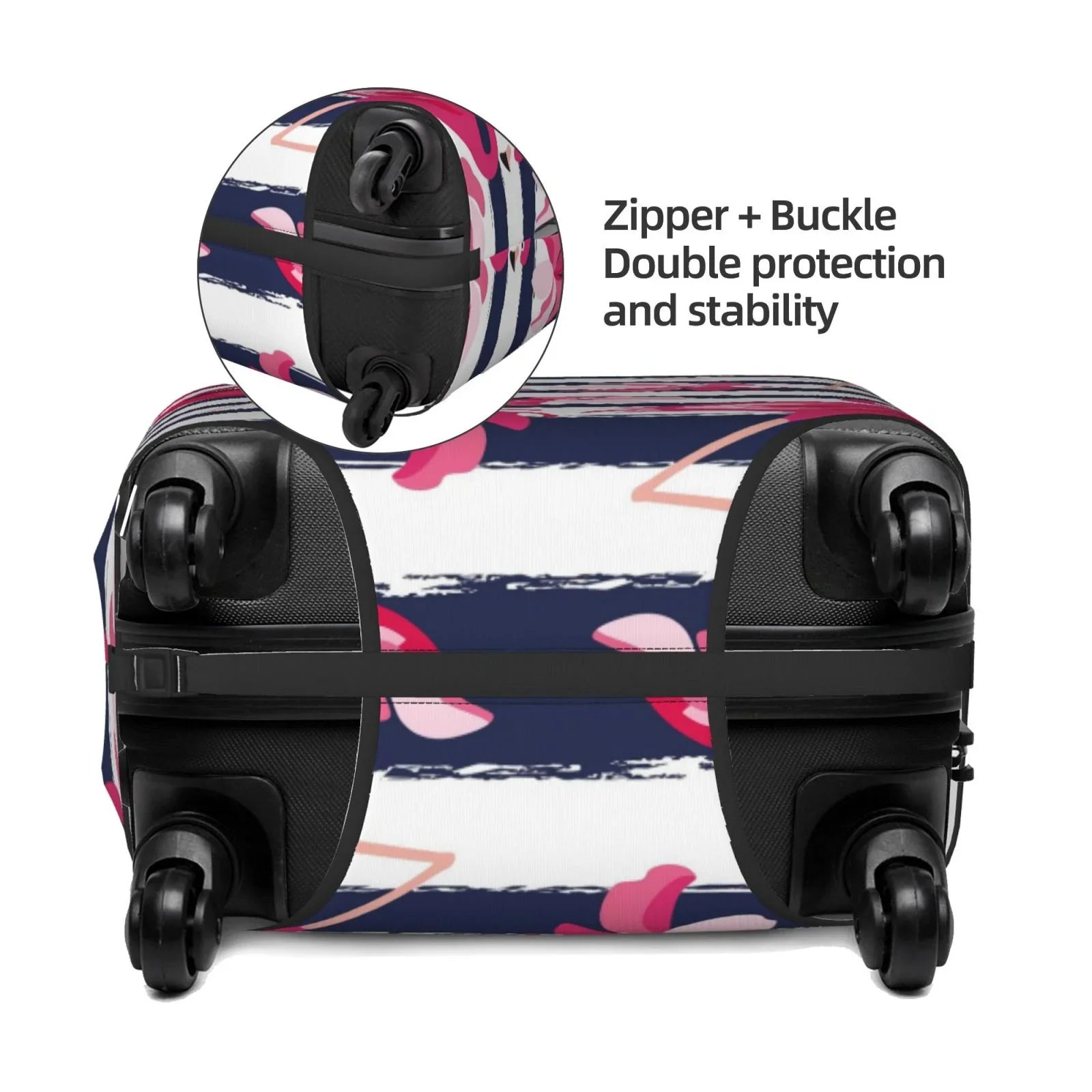 Ocsxa Travel Dust-Proof Suitcase Wrap Dark Blue Stripes And Pink Flamingos Print Luggage Wrap Protector For 18-32inch