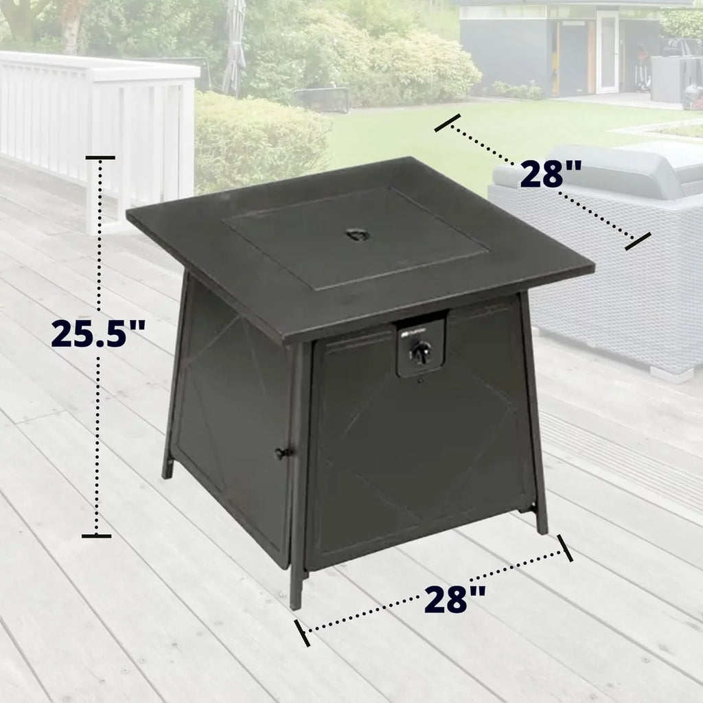 28 Inch Steel Square Gas Outdoor Backyard Tabletop Fire Pit with Lava Rocks and Steel Coating Lid, Black