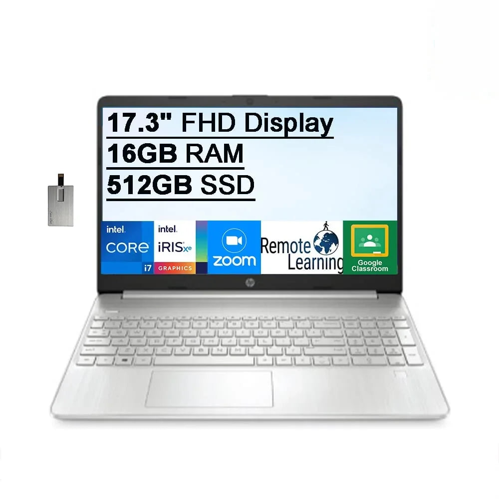 HP 2021 17.3" FHD IPS Laptop Computer, 11th Generation i7-1165G7, 16GB RAM, 512GB PCIe SSD, Backlit Keyboard, Iris Xe Graphics, HD Webcam, HD Audio, Windows OS, Silver, 32GB USB Card