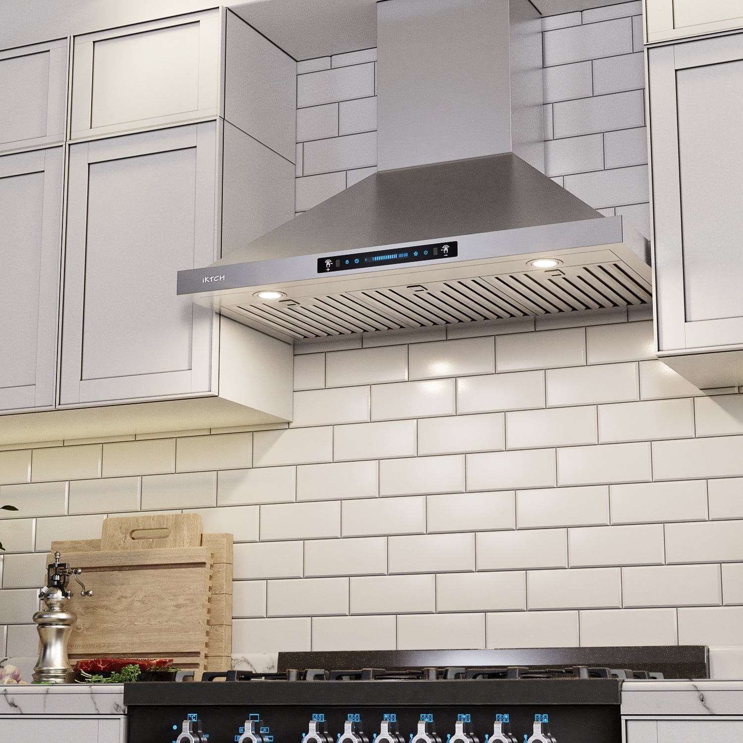 IKTCH Range Hoods 30 inch Wall Mount 900 CFM Ducted/Ductless Convertible, Kitchen Chimney Vent Stainless Steel with Gesture Sensing & Touch Control Switch Panel, 2 Pcs Adjustable Lights(IKP02-30)