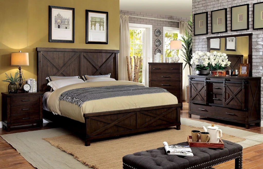 Rustic Style Dark Walnut Transitional Bedroom Furniture 1pc Bed Plank Style HB FB Eastern King Size Bed Solid Wood