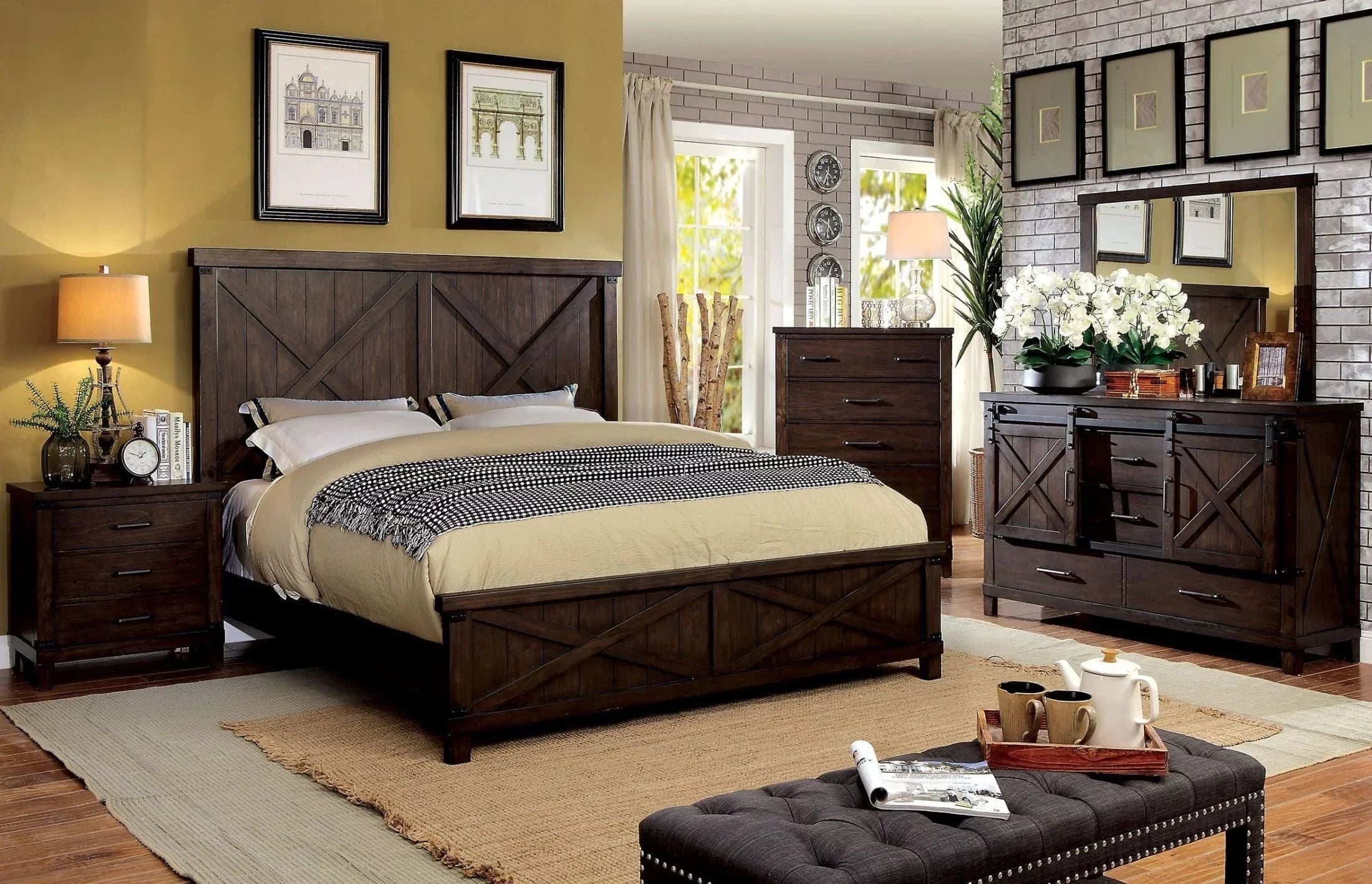 Rustic Style Dark Walnut Transitional Bedroom Furniture 1pc Bed Plank Style HB FB Eastern King Size Bed Solid Wood
