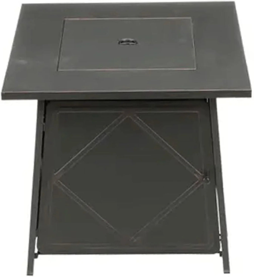 28 Inch Steel Square Gas Outdoor Backyard Tabletop Fire Pit with Lava Rocks and Steel Coating Lid, Black