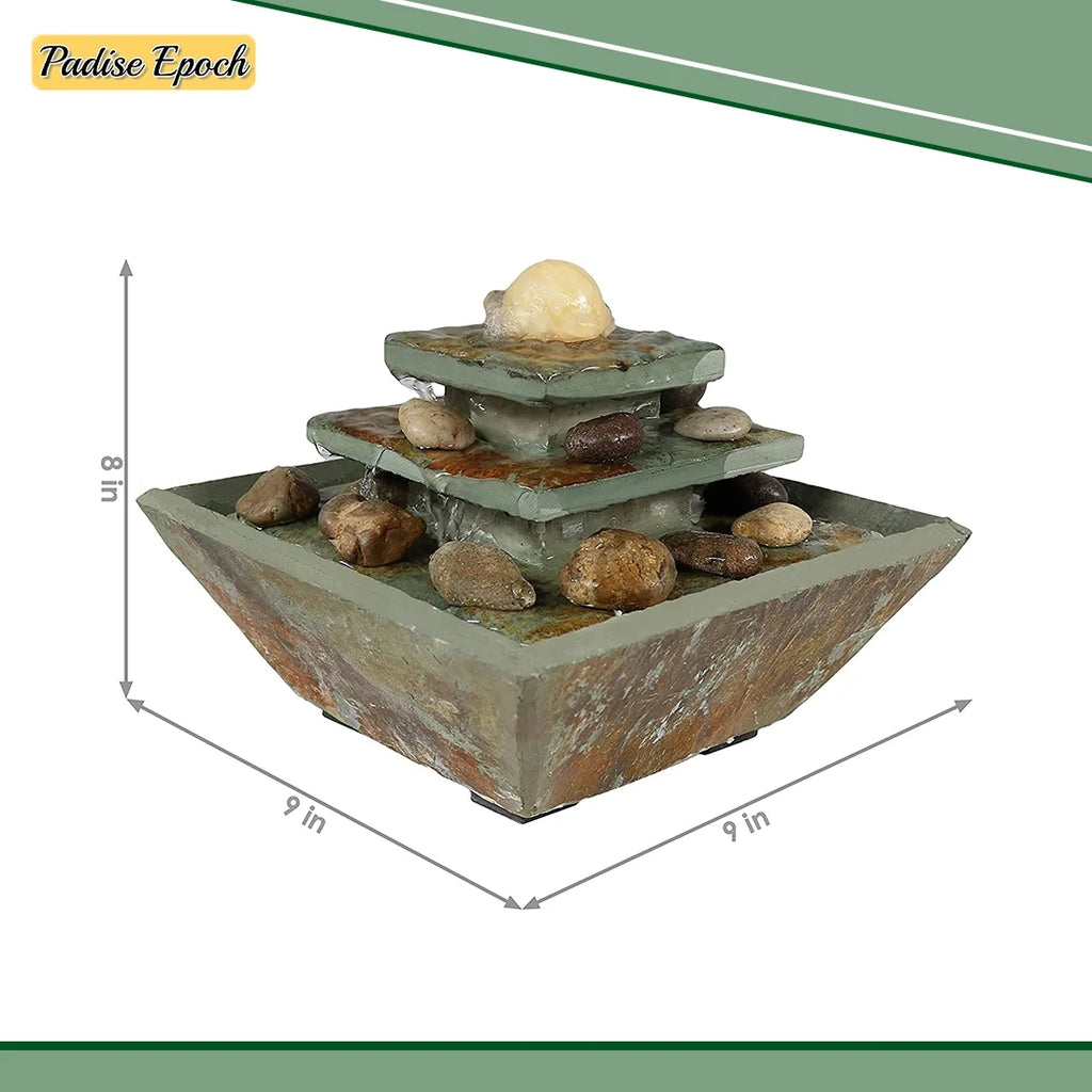 Ascending Slate Tie Tabletop Water Fountain with LED Light and Polished Stone Ball - Corded Electric - Home Decor Accent for Office, Bedroom or Living Room - 8 Inch