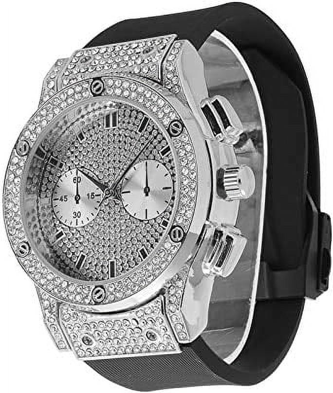 Charles Raymond Big Bling Watch Inspired by Hip Hop - Mens Iced Out Timepiece - Faux Chrono Eyes - Diamond Rhinestones on Blast - ST10311 (Silver Rubber Cuban)