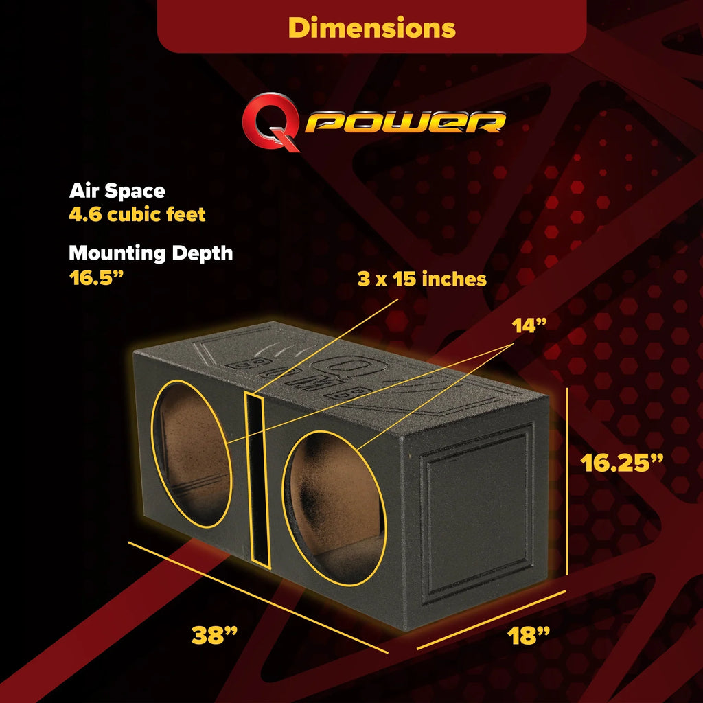 QPower QBOMB15V Dual 15" Vented Port Subwoofer Sub Box w/ Bedliner Spray