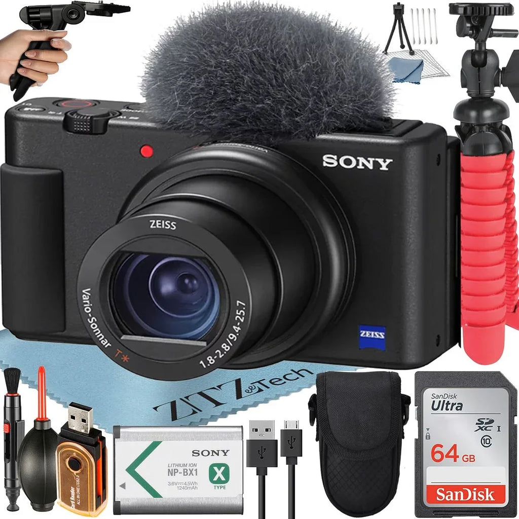 Sony ZV-1F Vlogging Camera (Black) with SanDisk 64GB Memory Card + Tripod + ZeeTech Accessory Bundle