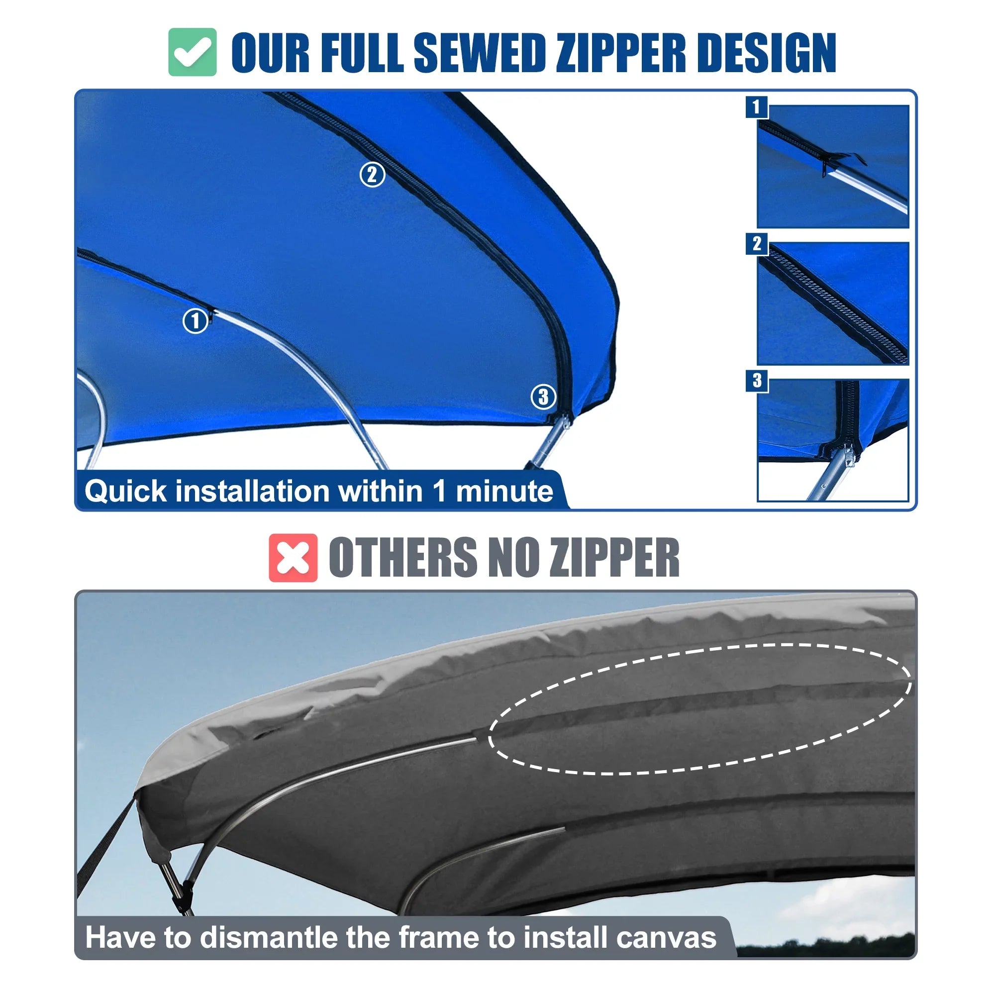 Unique Bargains 600D 3 Bow 6"L x 46"Hx61"-66"W Bimini Top Stainless Steel Deck Hinges Blue