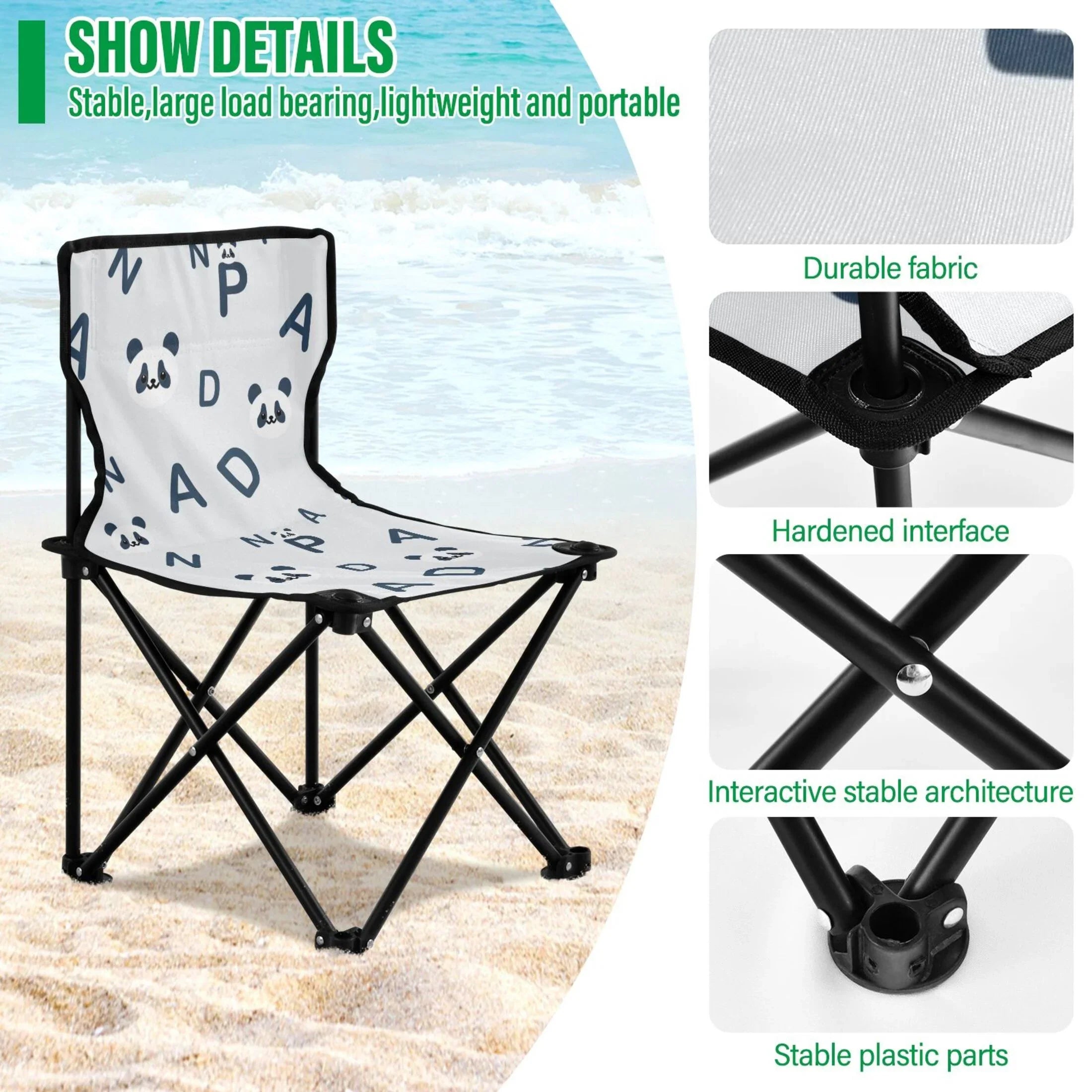 Cartoon Pandas and Alphabet Portable Camping Chair Small for Kids Outdoor Folding Beach Chair Fishing Chair Lawn Chair with Carry Bag