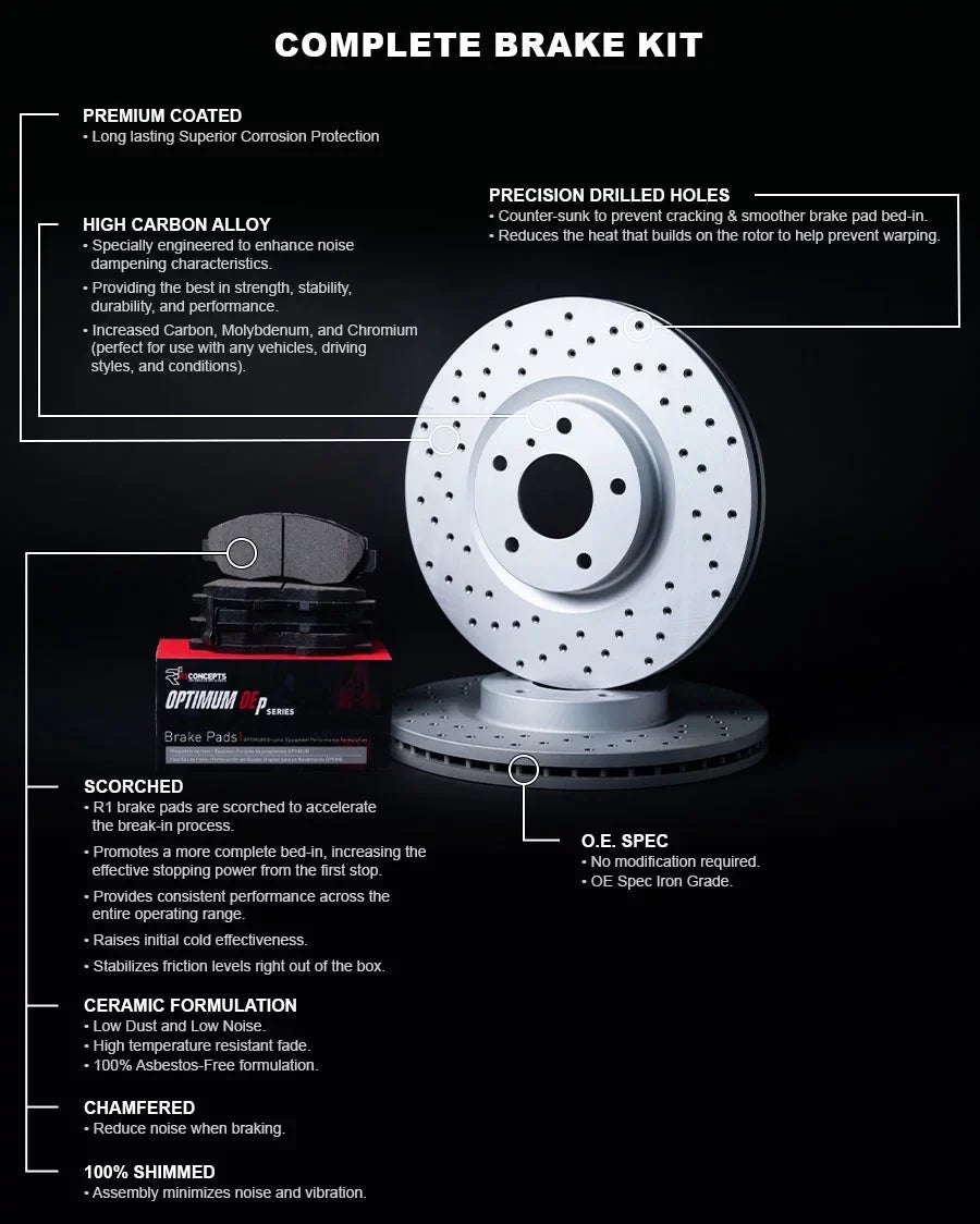 R1 Concepts Front Brakes and Rotors Kit |Front Brake Pads| Brake Rotors and Pads| Optimum OEp Brake Pads and Rotors|fits 2007-2015 INFINITI G35, G37, Q60