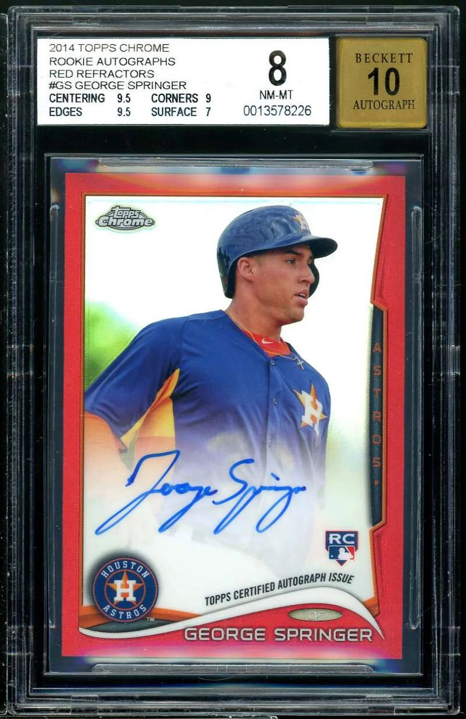 George Springer Rookie 2014 Topps Chrome Rookie Autographs Red Refractors BGS 8