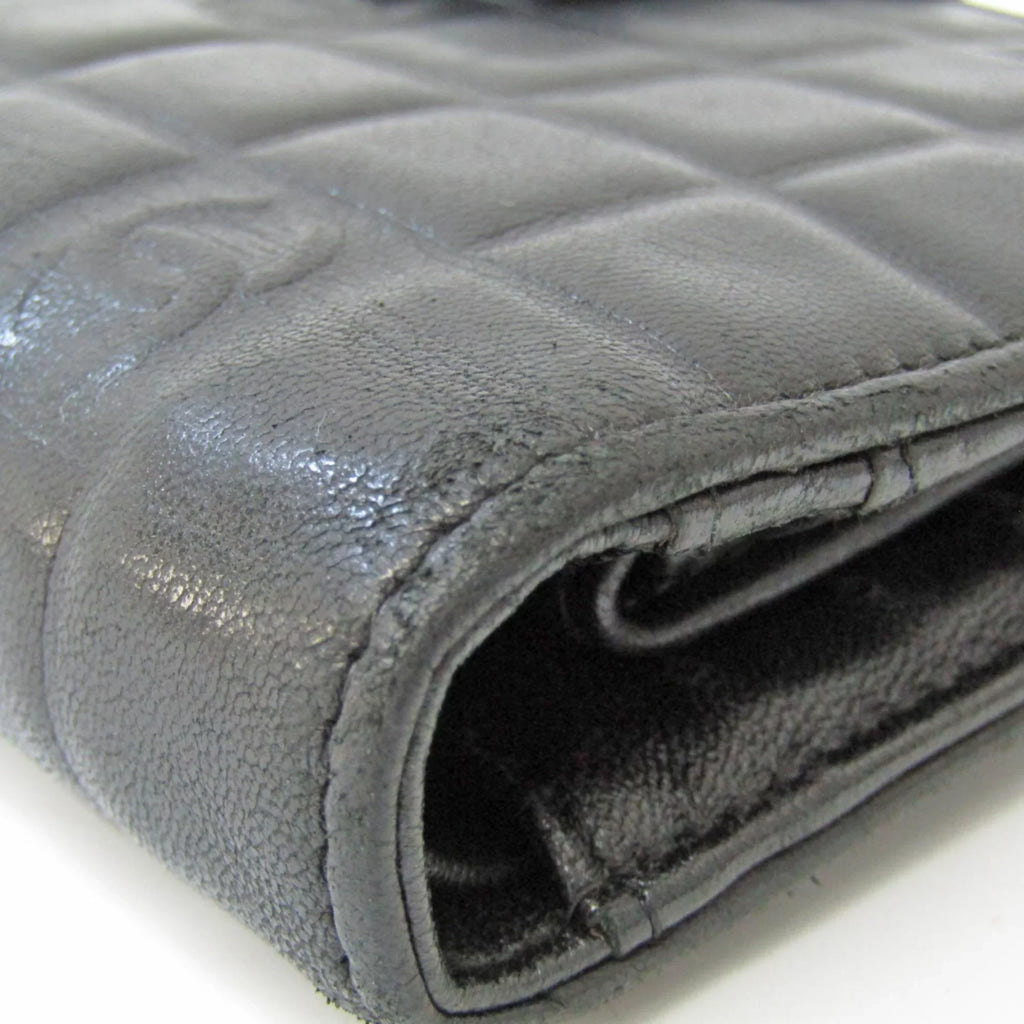 Pre-Owned Chanel Chocolate Bar Women's Leather Middle Wallet (bi-fold) Black (Good)