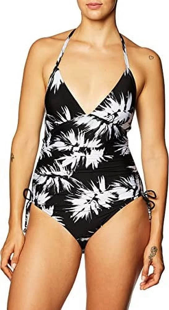 DKNY Womens Printed Adjustable Side Halter One-Piece Swimsuit, Black/White, 18