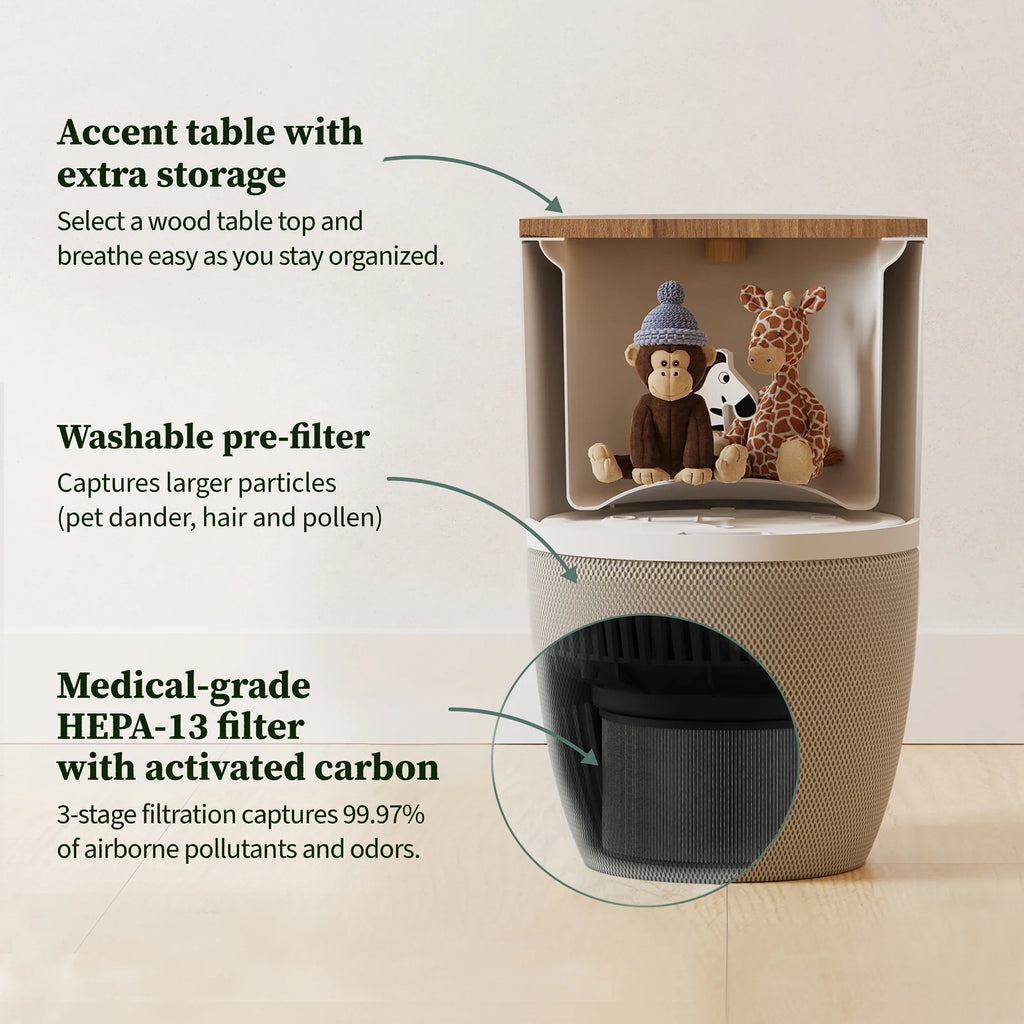 Dupray Bloom™ Air Purifier | Smart Medical-Grade HEPA-13 Air Filtration With Walnut Accent Table