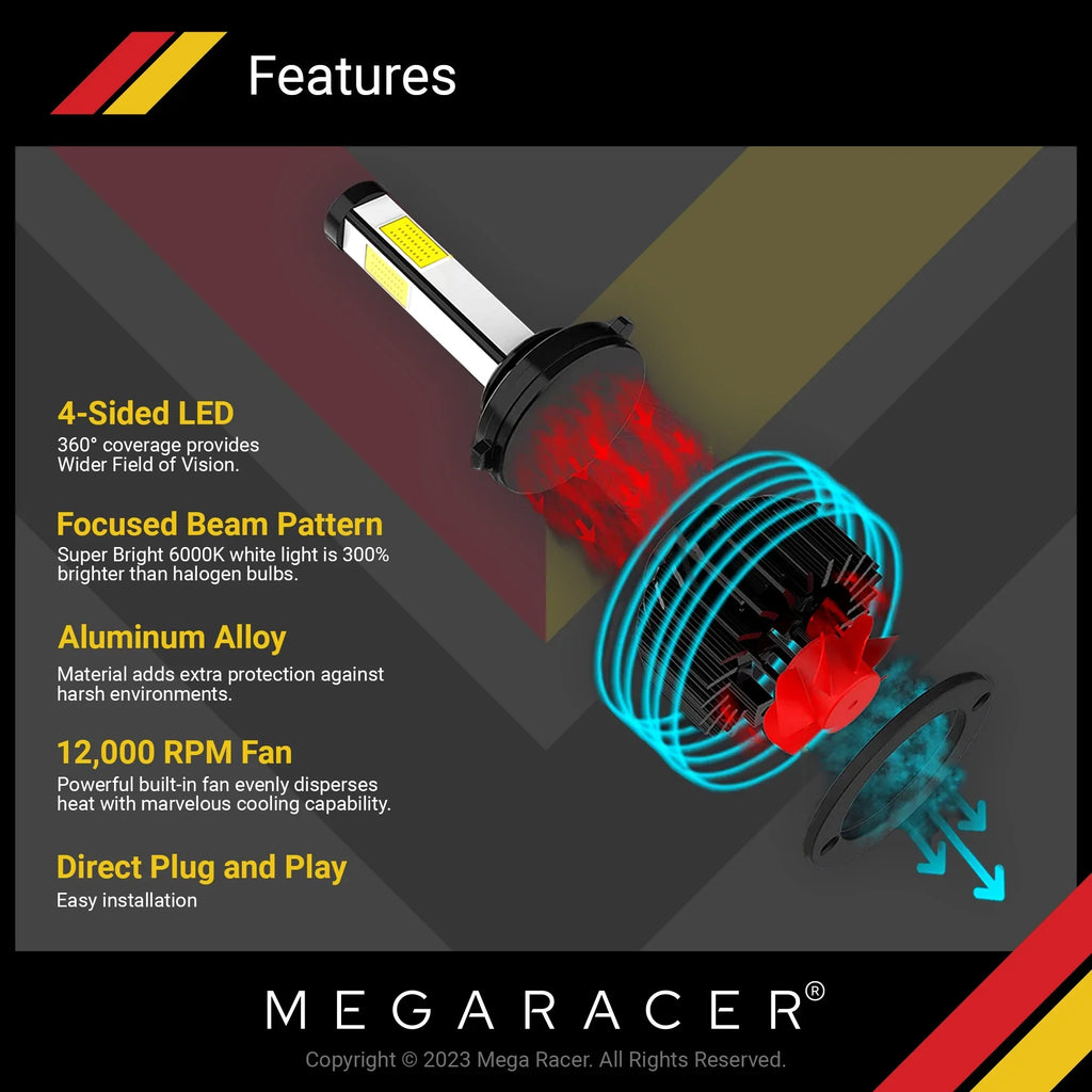 Mega Racer Fiat 500L 4 Sided H11 H9 H8 LED Headlight Bulbs 6000K Diamond White 12V 60W 10000LM Fiat 500L 2014 2015 2016 2017 2018 2019 14 15 16 17 18 19 Fog Light Automotive Replacement