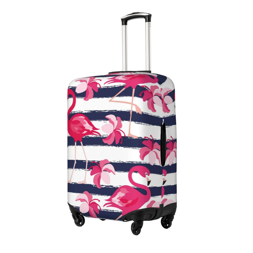 Ocsxa Travel Dust-Proof Suitcase Wrap Dark Blue Stripes And Pink Flamingos Print Luggage Wrap Protector For 18-32inch