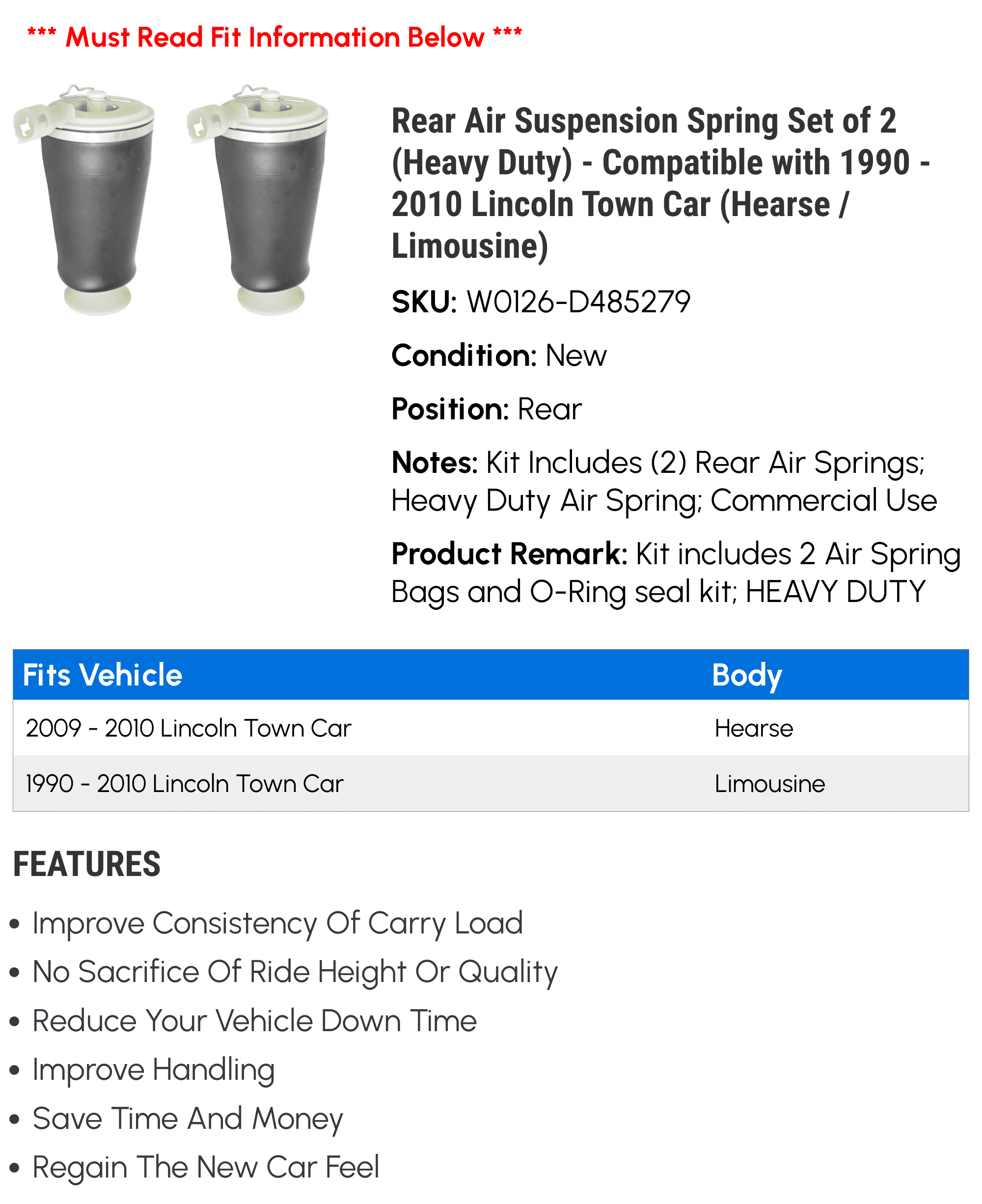 Rear Air Suspension Spring Set of 2 (Heavy Duty) - Matching with 1990 - 2010 Lincoln Town Car (Hearse / Limousine) 1994 1995 1996 1997 1998 1999 2000 2001 2002 2003 2004 2005 2006 2007 2008