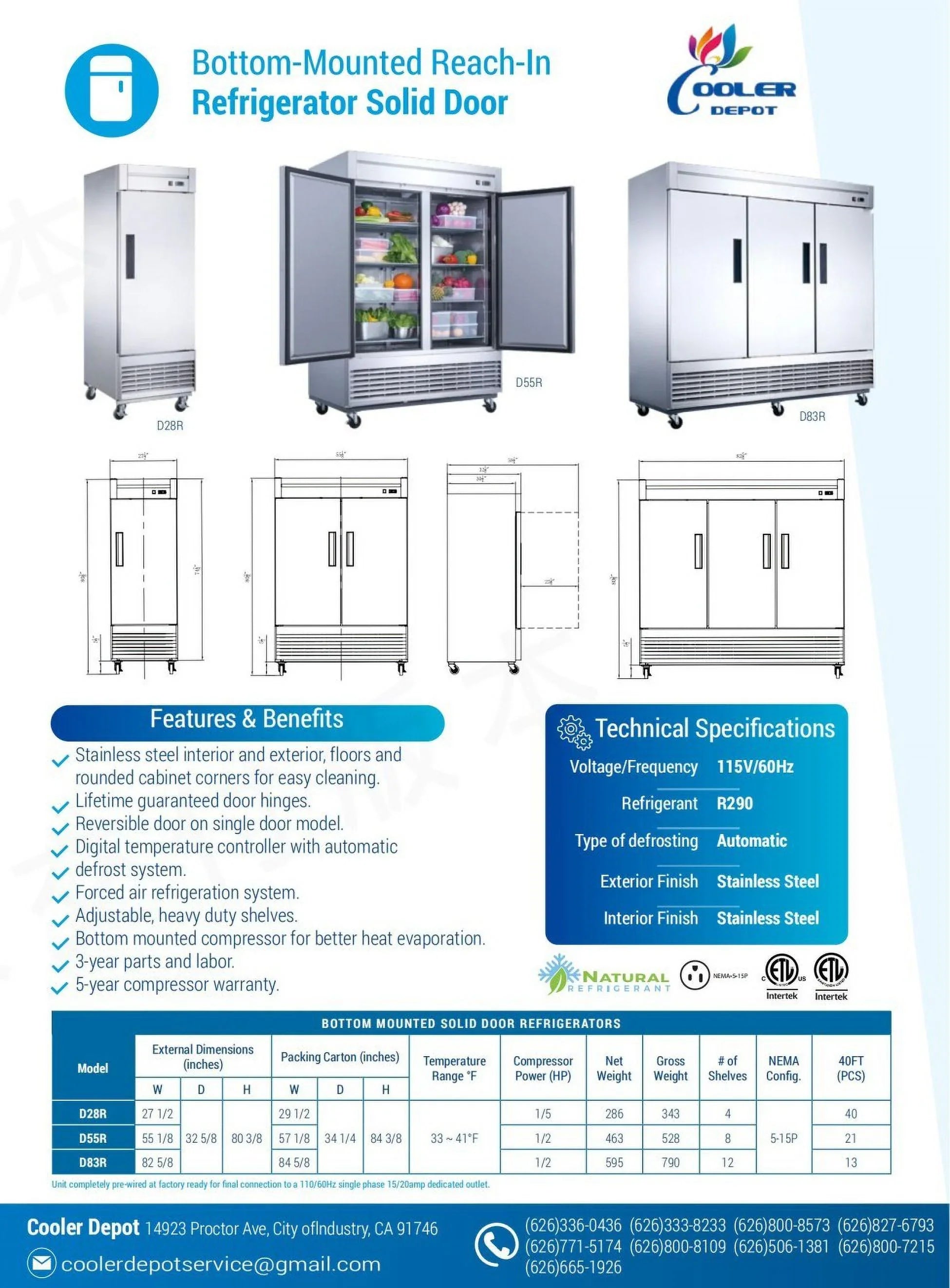 NSF Reach In Three Door Refrigerator SS interior D83R